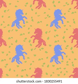 Unicorn horse concept seamless pattern in color on green leaves background, creative swirl dance pattern for fabric or cover design