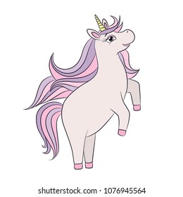 Unicorn horse cute cartoon character, colorful image isolated on white background, line art illustration. Lovely little pony, for girlish design, girls kids clothing print, card, poster, etc.