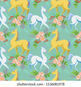 Unicorn horse and flowers seamless pattern.