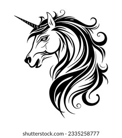 Unicorn horse head black outline art. Animal mascot vector illustration. Logo graphic design.