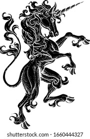 A unicorn horse with horn from mythology rearing rampant on its hind legs in a coat of arms crest woodcut style 