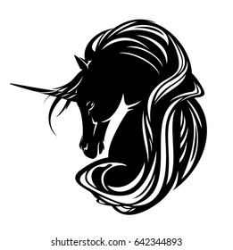 unicorn horse with long mane black and white vector design