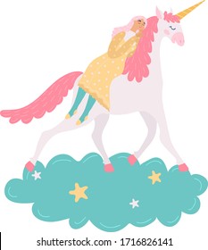Unicorn horse magical fantasy animal and little girl, cute cartoon characters vector illustration. Fairytale creature, night sky icons in flat style. Friendship of girl and unicorn, childish romantic