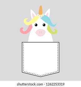 Unicorn horse sitting in the pocket. Merry Christmas. Happy New Year. Face and hands. Cute cartoon character. Hello winter. Gray background. Flat design. Vector illustration