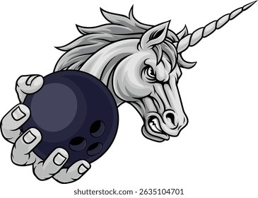 Unicorn horse stallion bowling angry sports team mascot holding a ball.