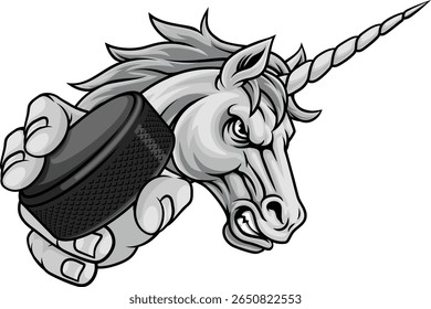 Unicorn cavalo garanhão hóquei no gelo irritado mascote da equipe de esportes segurando um disco.