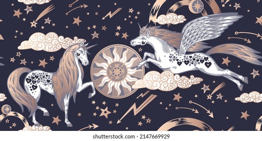 Unicorn horse with wings. Raindrops, clouds, rainbow, sun. Animal seamless pattern. Vector illustration. Vintage engraving. Gold foil print on black background. Template for wallpaper, paper, textile.