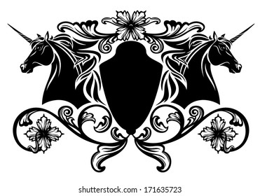 unicorn horses heraldic emblem - black and white vector design