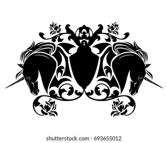 unicorn horses and rose flowers heraldic emblem - black and white vector design