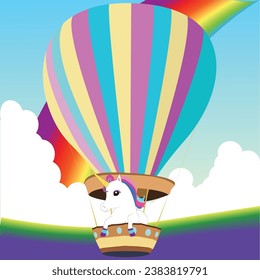 Unicornio en el vector arco iris de globo aerostático