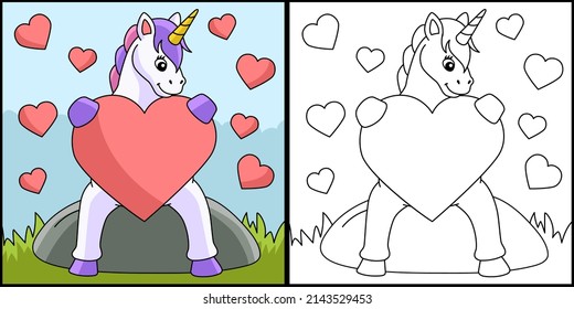 Unicorn Hugging A Heart Coloring Page