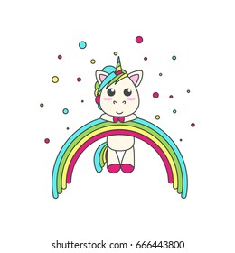 The unicorn hung on the rainbow, around confetti. Flat vector illustration for print