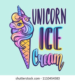 Unicorn ice cream. Calligraphic lettering composition drawing in gradient colors. Cartoon illustration. Cine Ice cream with in pretty unicorn. Fantasy cartoon horse with horn. Summer illustration