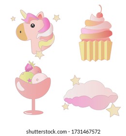 Unicorn, ice cream, cloud and cupcake. Pink, yellow, white colors
