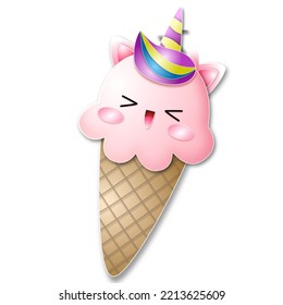 Unicorn ice cream cone vector with paper-cut technique on a transparent background