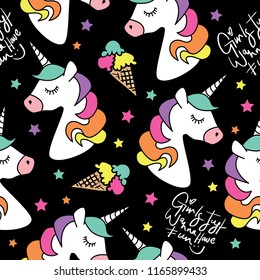 Unicorn and ice cream drawings seamless repeating pattern texture / Vector illustration design