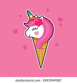 Unicorn ice cream icon. Cute kawaii sticker of funny unicorn ice cream, rainbow horn, tropical flower, stars, hearts. Colorful elements for kids design. Waffle cone, summer food. Baby shower design