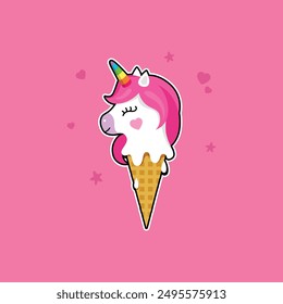 Unicorn ice cream icon. Cute kawaii sticker of funny unicorn ice cream, dessert, rainbow horn, stars, hearts. Colorful elements for kids design. Waffle cone, summer food. Baby shower design