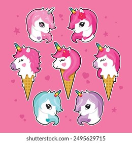 Unicorn ice cream icon. Cute kawaii sticker of funny unicorn ice cream, rainbow horn, tropical flower, stars, hearts. Colorful elements for kids design. Waffle cone, summer food. Baby shower design