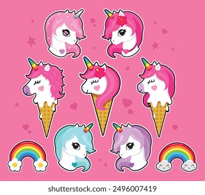 Unicorn ice cream icon. Cute kawaii sticker of funny unicorn ice cream, dessert, rainbow horn, stars, hearts. Colorful elements for kids design. Waffle cone, summer food. Baby shower design