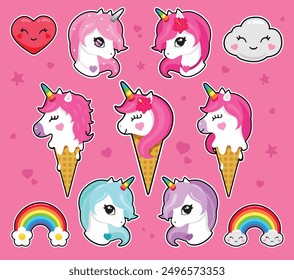 Unicorn ice cream icon. Cute kawaii sticker of funny unicorn ice cream, dessert, rainbow horn, stars, hearts, clouds. Colorful elements for kids design. Waffle cone, summer food. Baby shower design