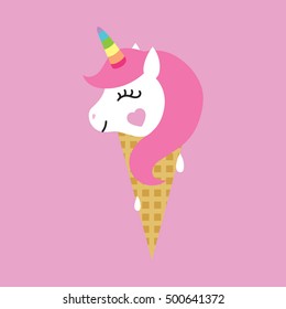 Unicorn ice cream icon. Cute kawaii sticker of funny unicorn ice cream, rainbow horn, tropical flower, stars, hearts. Colorful elements for kids design. Waffle cone, summer food. Baby shower design