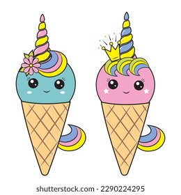 Unicorn ice cream kawaii dessert in a waffle cup, color vector illustration in cartoon style