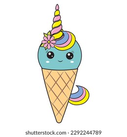 Unicorn ice cream kawaii dessert in a waffle cup, color vector illustration in cartoon style