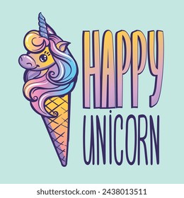 Unicorn Ice cream vector illustration with text Happy unicorn. Unicone print for t shirt design. Cute pony with horn. Cartoon illustration.