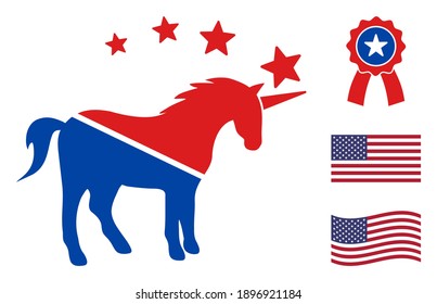Unicorn icon in blue and red colors with stars. Unicorn illustration style uses American official colors of Democratic and Republican political parties, and star shapes. Simple unicorn vector sign,