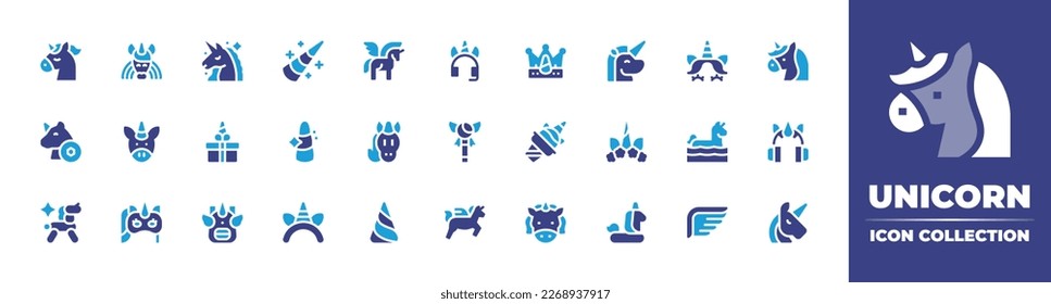 Unicorn icon collection. Duotone color. Vector illustration. Containing unicorn, horn, headset, crown, gift box, scepter, ice cream, flower crown, float, heaphones, balloon, mask, backpack, headband.