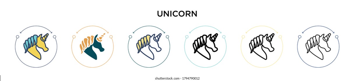 Unicorn icon in filled, thin line, outline and stroke style. Vector illustration of two colored and black unicorn vector icons designs can be used for mobile, ui, web