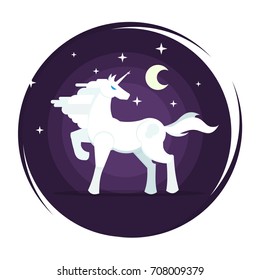 Unicorn icon in flat style with star and moon. Vector illustration.