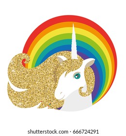 Unicorn icon with golden glitter mane and rainbow