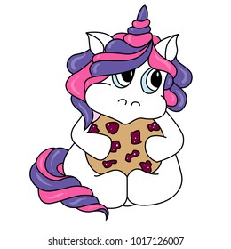 Unicorn icon isolated on white with cookie. Cute magic cartoon fantasy animal. Dream symbol. Design for children