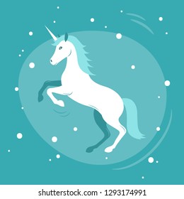 unicorn icon, on blue background, vector illustration. a mystical, magical creature. horse with one horn.