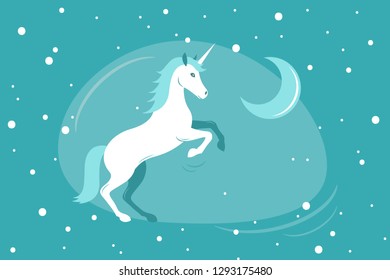 unicorn icon, on blue night background, vector illustration. a mystical, magical creature. horse with one horn and moon.