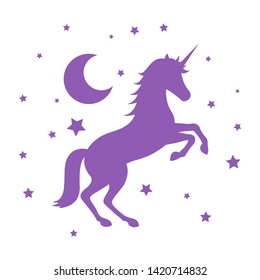 unicorn icon, on white background, vector illustration.  mystical, magical creature. horse with one horn and moon.