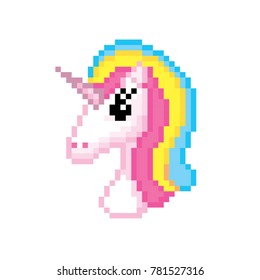 Unicorn icon. Pixel art. Old school computer graphic style. Games elements.