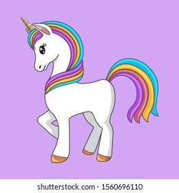 Unicorn icon with a rainbow mane and tail isolated on lilac background. Vector illustration EPS 10.