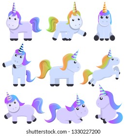 Unicorn icons set. Cartoon set of unicorn vector icons for web design