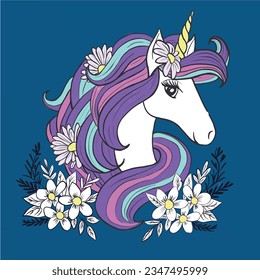 Unicorn illustration. Fashion and more. Girl child tshirt pattern design. T shirt design. Flowers