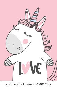 unicorn illustration with hand lettering text "love".