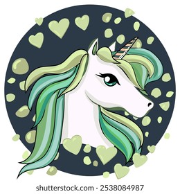 Ilustración de unicornio con corazones, Vector, aislado en un marco circular. Interesantes Nuevos Colores valientes