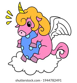 El unicornio del unicornio, el unicornio, está incubando su huevo y sentándose en la nube, ilustración vectorial art. imagen del ícono del doodle kawaii.