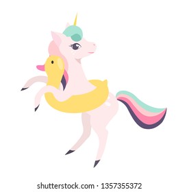 Unicorn in the inflatable circle, cartoon cute character. Isolated vector illustration