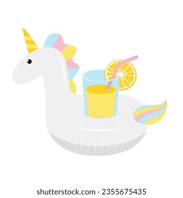 Unicorn inflatable pool float. Vector illustration. Unicorn with glass of juice