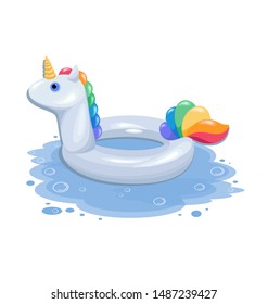 Unicorn. An inflatable pool ring shaped like a white unicorn. Summer vacation holiday object, traveling, swimming pool, beach, sea, ocean.