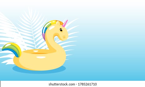 Unicorn, Inflatable Ring. Rubber Swimming Ring On Water. Unicorn Swim Tube In Water With Decorative Plants Behind. Modern Vector Illustration