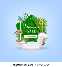 Unicorn inflatable swimming pool ring, tube, float. Summer sale layout for banners, wallpaper, flyers, invitation, posters, brochure, voucher discount.